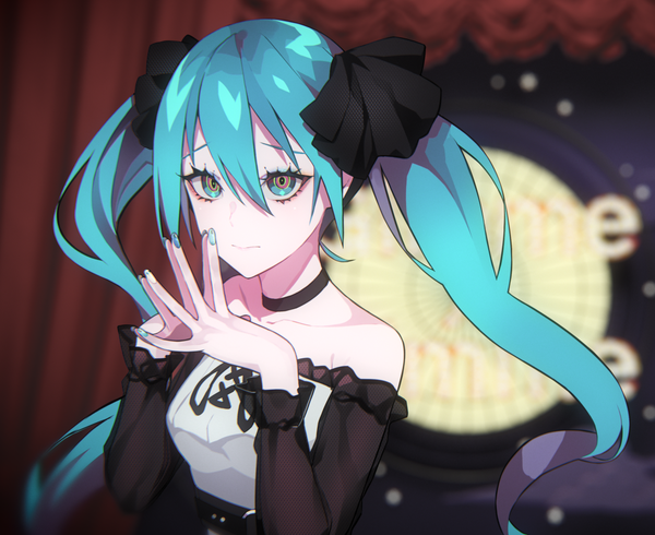 Anime picture 1100x900 with vocaloid gimmexgimme (vocaloid) hatsune miku lam (ramdayo) single long hair looking at viewer fringe blue eyes hair between eyes twintails bare shoulders payot blue hair upper body nail polish off shoulder depth of field fingers together nail art