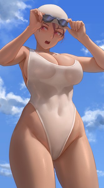 Anime picture 2759x4973 with original free style (yohan1754) single tall image looking at viewer highres short hair breasts open mouth light erotic large breasts standing looking away sky cloud (clouds) outdoors red hair pink eyes arms up from below