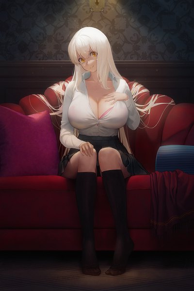 Anime picture 1000x1500 with original cool4noodle single tall image looking at viewer fringe breasts light erotic blonde hair hair between eyes sitting yellow eyes cleavage full body indoors long sleeves very long hair head tilt pleated skirt light smile