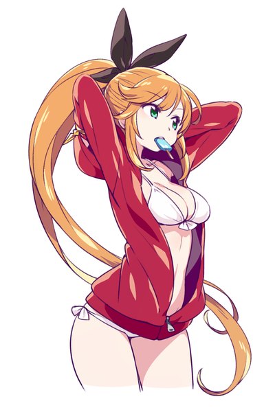 Anime picture 666x1000 with granblue fantasy clarisse (granblue fantasy) chan co single long hair tall image fringe breasts open mouth light erotic simple background standing white background holding green eyes payot looking away ponytail orange hair open clothes
