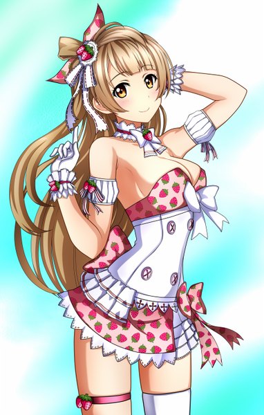 Anime picture 925x1450 with love live! school idol project sunrise (studio) love live! minami kotori kenken single long hair tall image blush light erotic smile brown hair brown eyes cleavage one side up food print strawberry print girl dress gloves
