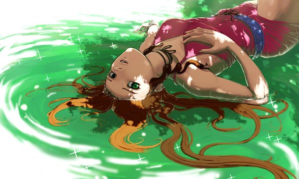 Anime picture 1375x825 with kingdom hearts final fantasy final fantasy vii square enix aerith gainsborough nekkeau single long hair brown hair wide image green eyes lying sparkle girl water belt