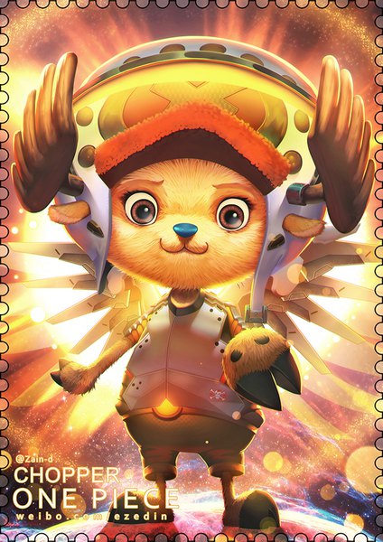 Anime picture 650x919 with one piece toei animation tony tony chopper zhang ding single tall image looking at viewer smile standing brown eyes signed full body horn (horns) copyright name character names outstretched arm light mechanical wings antlers boy