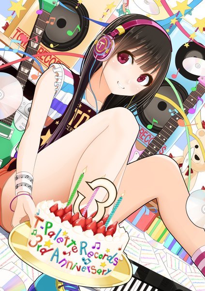 Anime picture 2480x3508 with original kentaurosu single long hair tall image looking at viewer blush highres black hair smile red eyes sitting girl sweets headphones toy stuffed animal cake guitar teddy bear