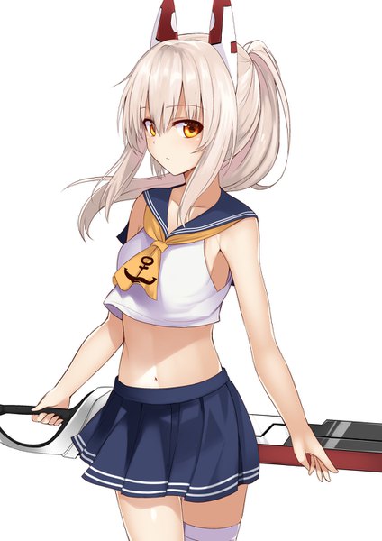 Anime picture 1000x1414 with azur lane ayanami (azur lane) mahcdai single long hair tall image looking at viewer fringe simple background hair between eyes standing white background holding yellow eyes payot white hair ponytail pleated skirt wind midriff