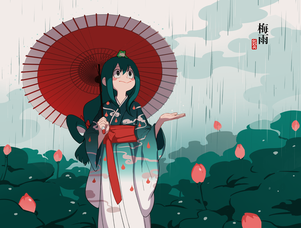 Anime picture 1366x1039 with boku no hero academia studio bones asui tsuyu imjayu single long hair fringe smile hair between eyes traditional clothes japanese clothes green hair black eyes looking up rain blush stickers girl flower (flowers) kimono umbrella