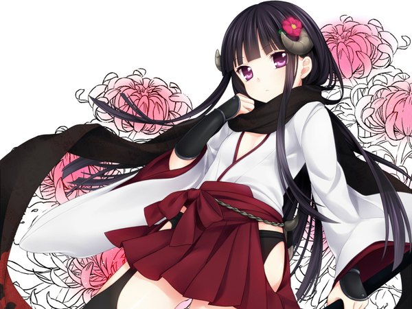 Anime picture 1600x1200 with inu x boku ss david production shirakiin ririchiyo tagme (artist) single long hair looking at viewer fringe black hair purple eyes hair flower horn (horns) floral background girl hair ornament flower (flowers) scarf