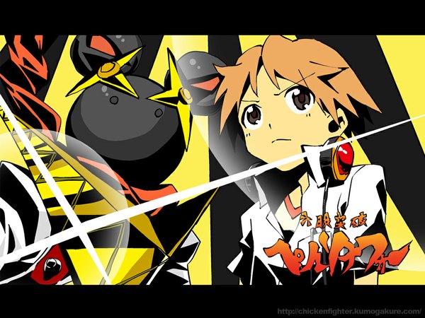 Anime picture 1024x768 with tengen toppa gurren lagann persona 4 persona gainax hanamura yousuke watermark alternate age headphones around neck parody younger boy headphones oto tin