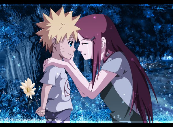 Anime picture 1600x1179 with naruto studio pierrot naruto (series) uzumaki naruto uzumaki kushina iitheyahikodarkii long hair fringe short hair blue eyes blonde hair holding red hair eyes closed tears facial mark happy letterboxed face to face crying