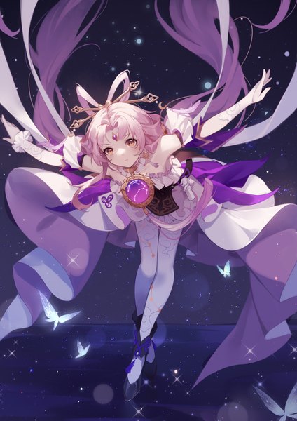 Anime picture 1860x2631 with honkai: star rail honkai (series) fu xuan (honkai: star rail) woodylixx single long hair tall image looking at viewer highres standing yellow eyes pink hair full body arms up sparkle leaning leaning forward spread arms hair rings forehead mark