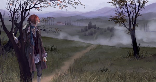 Anime picture 1506x800 with axis powers hetalia studio deen north italy (hetalia) rem (artist) single short hair brown hair wide image standing holding brown eyes sky ahoge profile open collar landscape fog field boy plant (plants)