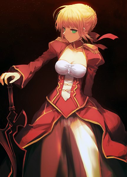 Anime picture 719x1000 with fate (series) fate/extra type-moon nero claudius (fate) nero claudius (fate/extra) zen33n single tall image looking at viewer light erotic simple background green eyes ahoge braid (braids) puffy sleeves black background arm behind back underbust braided bun see-through silhouette