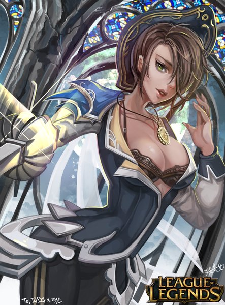 Anime picture 3000x4056 with league of legends fiora (league of legends) sinbe (artist) single tall image looking at viewer fringe highres short hair breasts light erotic black hair green eyes hair over one eye girl weapon lingerie headdress bra pendant