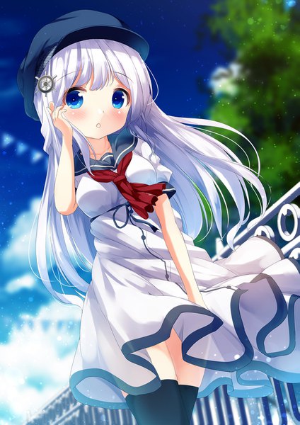 Anime picture 1061x1500 with original chinomaron single long hair tall image looking at viewer blush fringe open mouth blue eyes standing payot sky silver hair cloud (clouds) outdoors wind blurry :o depth of field