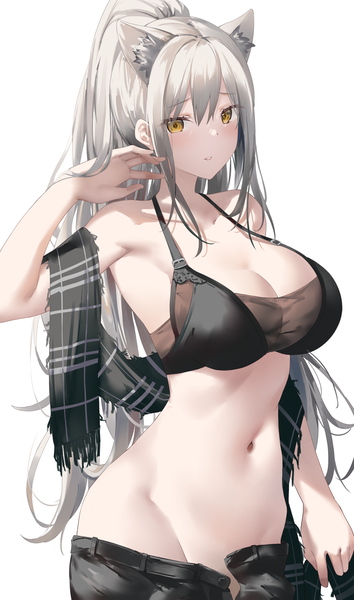Anime picture 1477x2500 with arknights schwarz (arknights) suzuame yatsumi single long hair tall image looking at viewer blush fringe breasts light erotic simple background hair between eyes large breasts standing white background animal ears yellow eyes payot cleavage