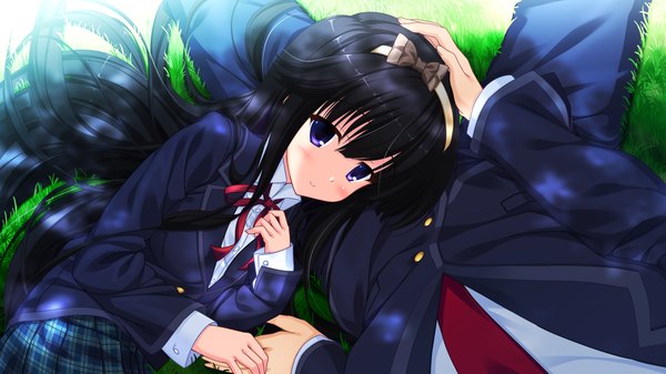 Anime picture 1280x720 with love sweets futami iori long hair blush blue eyes black hair wide image game cg lying couple girl boy uniform school uniform hairband