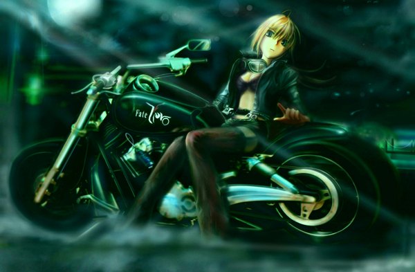Anime picture 1600x1049 with fate (series) fate/zero type-moon artoria pendragon (all) saber fe (3653771) single long hair looking at viewer blue eyes light erotic blonde hair open clothes open jacket girl jacket bikini top goggles motorcycle