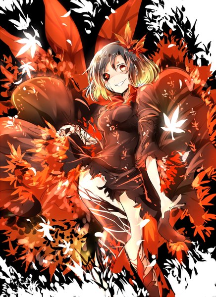 Anime picture 1000x1375 with touhou aki shizuha shigureru single tall image looking at viewer short hair breasts light erotic black hair smile red eyes standing hair flower bare legs clenched teeth girl dress hair ornament flower (flowers)