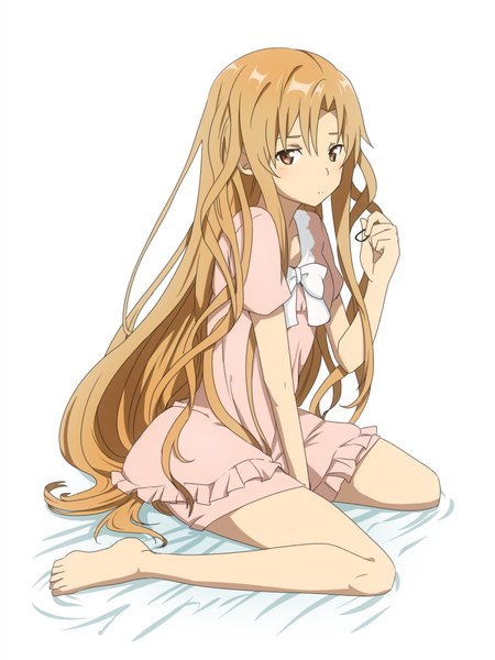 Anime picture 899x1200 with sword art online a-1 pictures yuuki asuna rumia (compacthuman) single long hair tall image looking at viewer blush simple background brown hair white background brown eyes barefoot legs girl