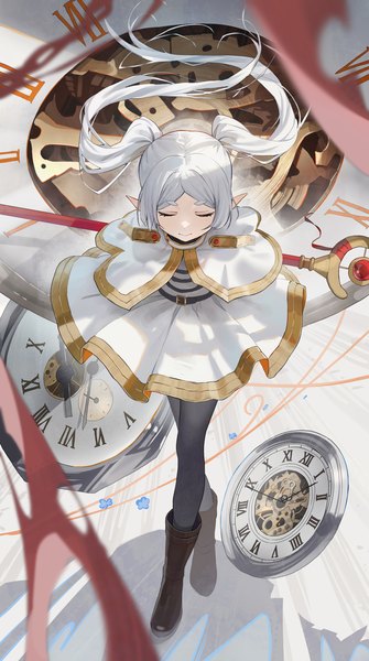 Anime picture 1789x3200 with sousou no frieren frieren hidulume single long hair tall image highres smile twintails silver hair eyes closed pointy ears elf girl pantyhose black pantyhose knee boots clock staff