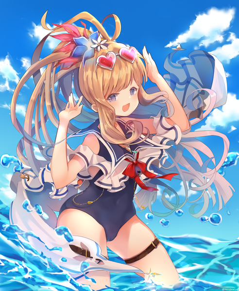 Anime-Bild 1147x1400 mit granblue fantasy cagliostro (granblue fantasy) marekamico single tall image open mouth light erotic blonde hair purple eyes sky cloud (clouds) ponytail very long hair :d partially submerged sunglasses on head sailor collar girl swimsuit heart