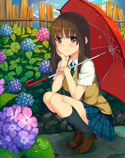 Anime picture 791x1000 with original unasaka ryou single long hair tall image looking at viewer blush black hair smile sky cloud (clouds) black eyes plaid skirt squat plaid hand on cheek girl skirt uniform flower (flowers)