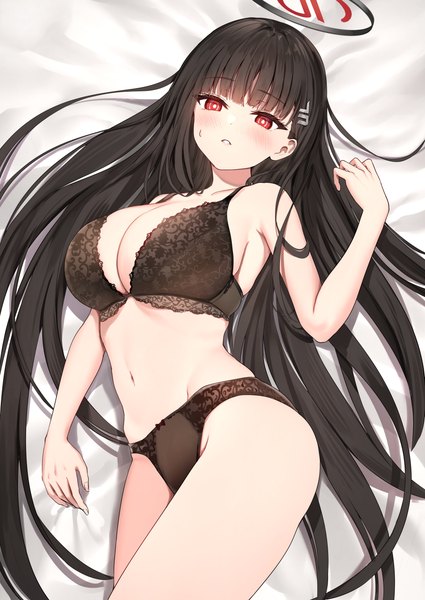 Anime picture 2833x4000 with blue archive rio (blue archive) sune (mugendai) single long hair tall image blush fringe highres breasts light erotic black hair red eyes large breasts looking away cleavage lying blunt bangs parted lips underwear only