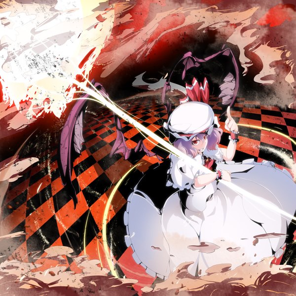 Anime picture 1575x1575 with touhou remilia scarlet meracle (artist) single short hair red eyes purple hair checkered floor bat wings girl dress hat wings