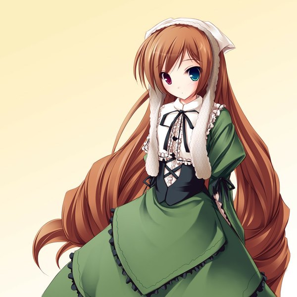 Anime picture 1000x1000 with rozen maiden suiseiseki tenmaso single long hair looking at viewer simple background brown hair twintails heterochromia girl dress headdress
