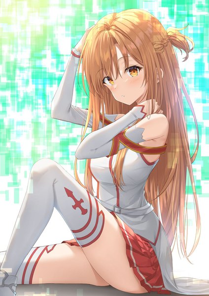Anime picture 1228x1738 with sword art online a-1 pictures yuuki asuna kanaria hisagi single long hair tall image looking at viewer sitting pleated skirt orange hair orange eyes half updo hand on head arm around neck girl thighhighs skirt detached sleeves miniskirt