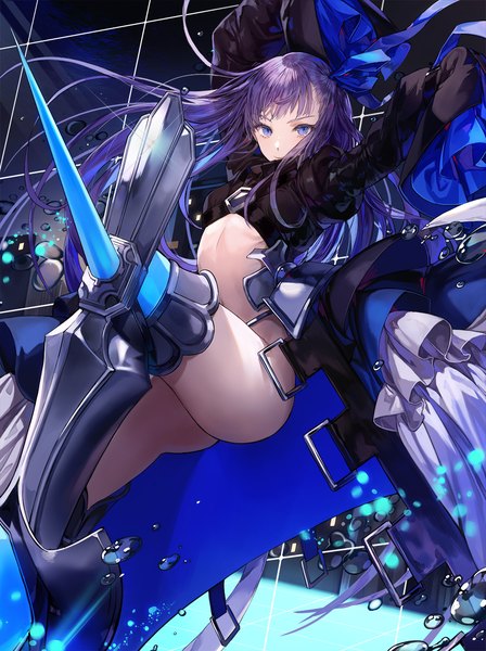 Anime picture 1000x1339 with fate (series) fate/extra fate/extra ccc meltryllis (fate) kim eb single long hair tall image looking at viewer fringe blue eyes light erotic smile purple hair ass arms up floating hair hands in sleeves girl navel