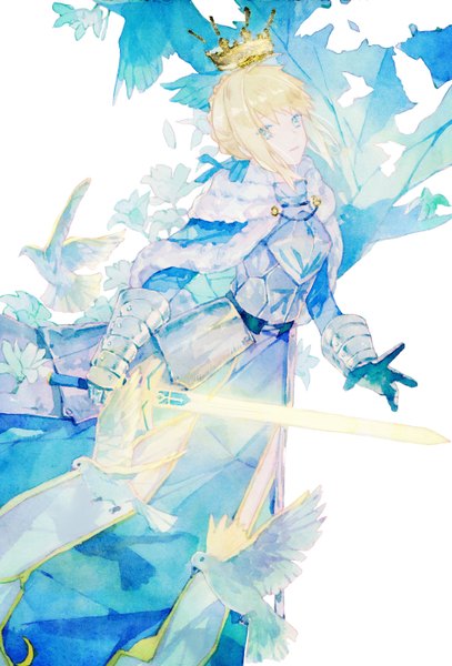 Anime picture 950x1400 with fate (series) fate/grand order artoria pendragon (all) saber lirseven single tall image looking at viewer short hair blue eyes blonde hair white background traditional media watercolor (medium) girl weapon animal sword armor bird (birds)