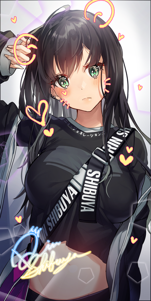 Anime picture 2233x4452 with idolmaster idolmaster cinderella girls shibuya rin yamijam single long hair tall image looking at viewer blush fringe highres breasts black hair simple background large breasts standing green eyes animal ears head tilt arm up