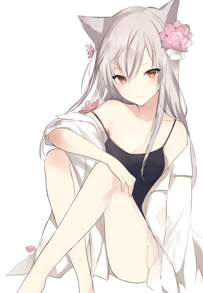 Anime picture 650x938 with original lpip single long hair tall image looking at viewer blush fringe breasts light erotic simple background hair between eyes white background bare shoulders brown eyes animal ears payot silver hair bent knee (knees) head tilt