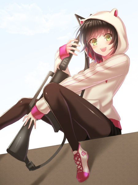Anime picture 1200x1600 with original ktsis single tall image looking at viewer blush fringe short hair open mouth smile brown hair sitting holding green eyes animal ears sky cloud (clouds) teeth shadow from below