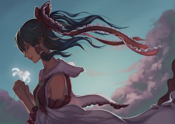 Anime picture 3507x2480 with touhou hakurei reimu madyy single long hair highres black hair absurdres cloud (clouds) eyes closed traditional clothes profile girl flower (flowers) bow hair bow detached sleeves