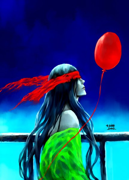 Anime picture 1800x2505 with original nanfe single long hair tall image highres black hair bare shoulders signed sky profile covering eye (eyes) bandana balloon