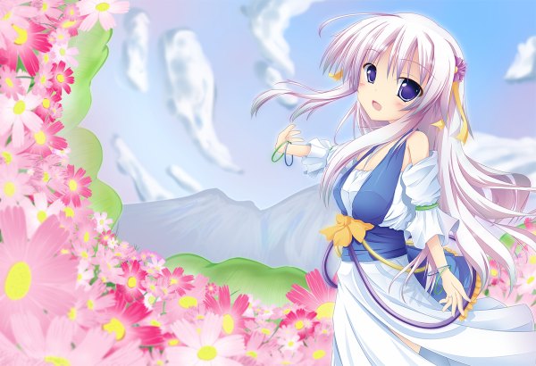 Anime picture 1200x820 with original pirason single long hair looking at viewer blush open mouth purple eyes bare shoulders white hair girl dress hair ornament flower (flowers) detached sleeves
