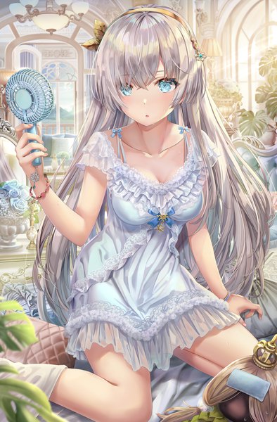 Anime picture 5489x8347 with fate (series) fate/grand order anastasia (fate) torino aqua single long hair tall image looking at viewer blush fringe highres breasts blue eyes sitting holding payot absurdres cleavage silver hair bent knee (knees)