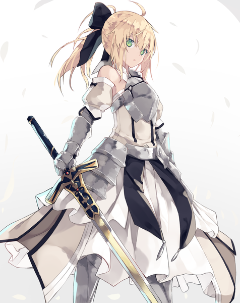 Anime picture 1096x1380 with fate (series) fate/grand order fate/unlimited codes artoria pendragon (all) saber lily nagishiro mito single long hair tall image looking at viewer blush fringe open mouth simple background blonde hair hair between eyes standing holding green eyes payot