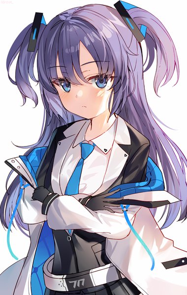 Anime picture 633x1000 with blue archive yuuka (blue archive) aroa (aroamoyasi) single long hair tall image looking at viewer blush fringe blue eyes simple background hair between eyes white background purple hair two side up crossed arms girl gloves black gloves necktie