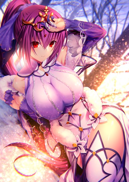 Аниме картинка 1568x2200 с fate (series) fate/grand order scathach (fate) (all) scathach skadi (fate) emanon123 один (одна) длинные волосы высокое изображение смотрит на зрителя румянец чёлка грудь лёгкая эротика улыбка волосы между глазами красные глаза большая грудь пейсы фиолетовые волосы причёска конский хвост