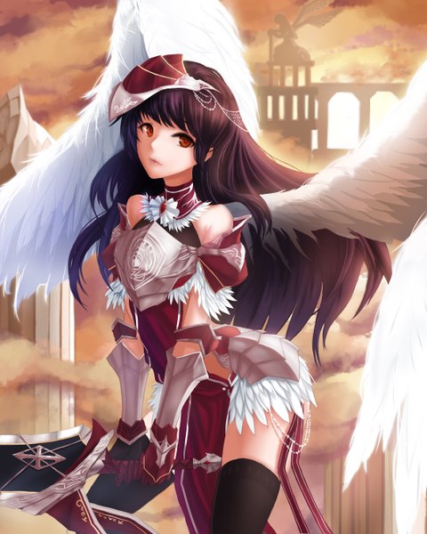 Anime picture 2160x2700 with original ddddddd single long hair tall image looking at viewer highres black hair red eyes bare shoulders wind sunlight angel wings girl thighhighs hair ornament weapon black thighhighs wings sun