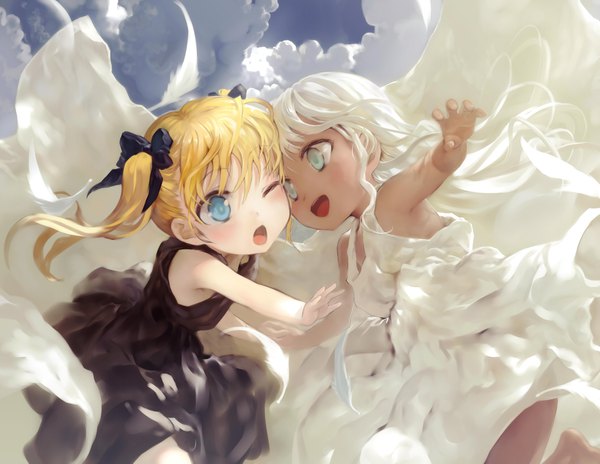 Anime picture 3737x2893 with original bob (biyonbiyon) long hair blush highres open mouth blue eyes blonde hair twintails multiple girls absurdres sky cloud (clouds) white hair one eye closed barefoot aqua eyes loli spread arms face to face