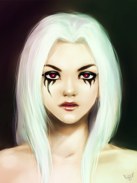 イラスト 1024x1366 と オリジナル helvikertia ソロ 長髪 長身像 カメラ目線 赤い目 white hair lipstick portrait face red lipstick vampire 女の子