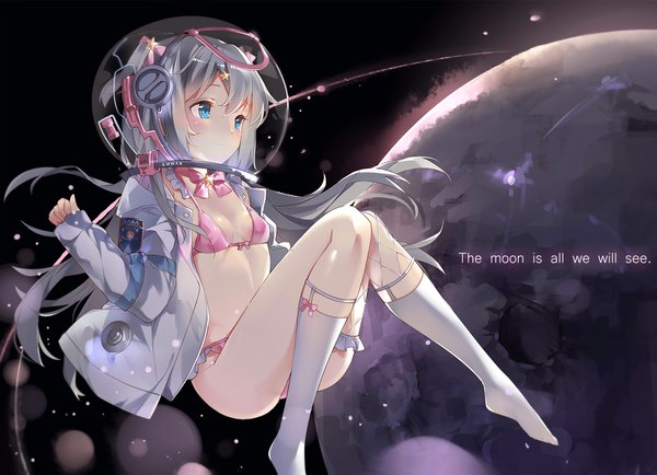Anime picture 1605x1163 with original nasa kikistark single long hair blush fringe breasts blue eyes light erotic hair between eyes looking away cleavage silver hair bent knee (knees) long sleeves open jacket two side up no shoes thighs