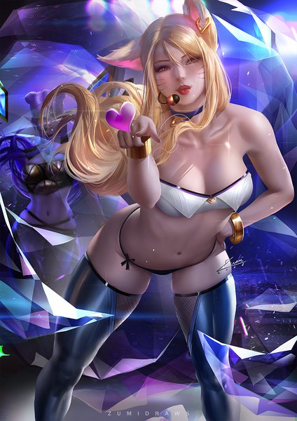 Anime picture 764x1080 with league of legends k/da (league of legends) ahri (league of legends) evelynn (league of legends) k/da ahri k/da evelynn zumi (zumidraws) long hair tall image looking at viewer fringe breasts light erotic blonde hair hair between eyes standing bare shoulders multiple girls signed animal ears