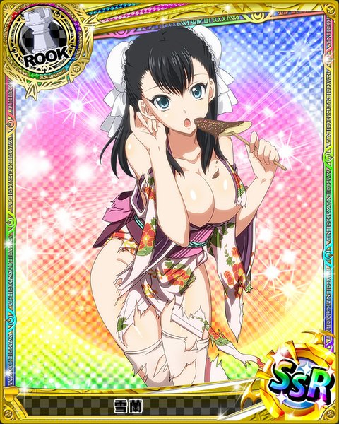 Anime picture 640x800 with highschool dxd xuelan single long hair tall image looking at viewer breasts open mouth blue eyes light erotic black hair cleavage traditional clothes japanese clothes hair bun (hair buns) torn clothes card (medium) girl thighhighs white thighhighs