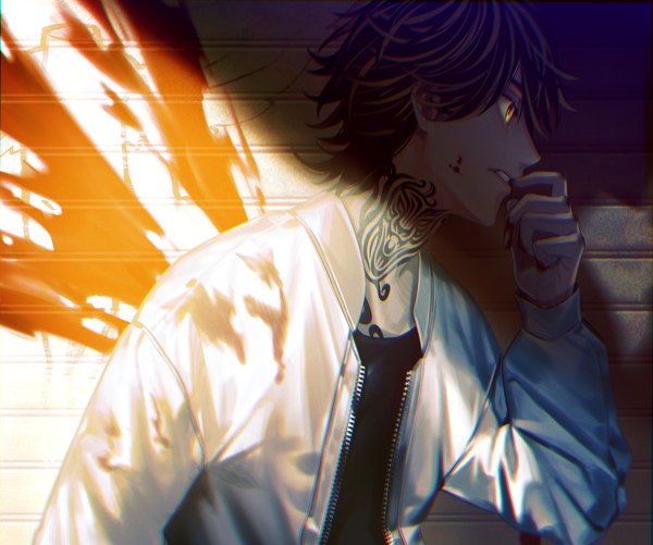 Anime picture 2570x2146 with tokyo revengers hanemiya kazutora yun tai single highres short hair black hair yellow eyes looking away upper body profile multicolored hair open jacket two-tone hair tattoo streaked hair finger to mouth shaded face against wall fake wings