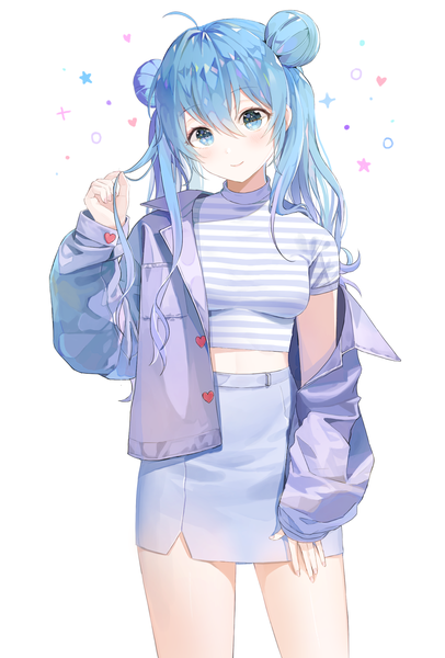 Anime picture 1500x2216 with original ppyono single long hair tall image blush fringe blue eyes simple background hair between eyes standing white background blue hair ahoge head tilt off shoulder open jacket midriff hair bun (hair buns) holding hair